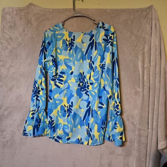 Estee Brown Dopamine Bright Floral Long-Sleeve Blouse flounce Cuffs V-Neckline M - Picture 7 of 9